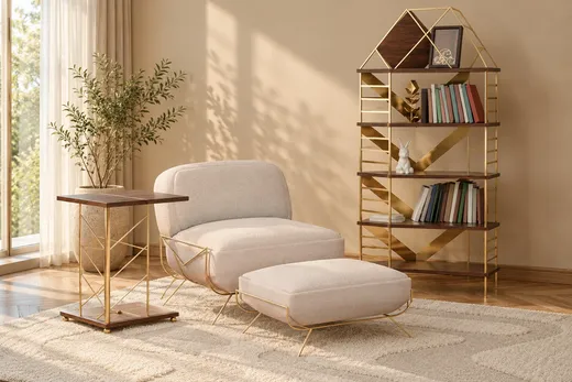 The Fertility set in a living room: bookcase, lounge chair with ottoman and foldable side table