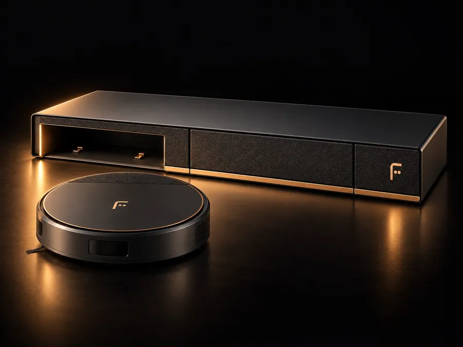 A low dark horizontal docking station with a bronze line and a round robot vacuum in front of it