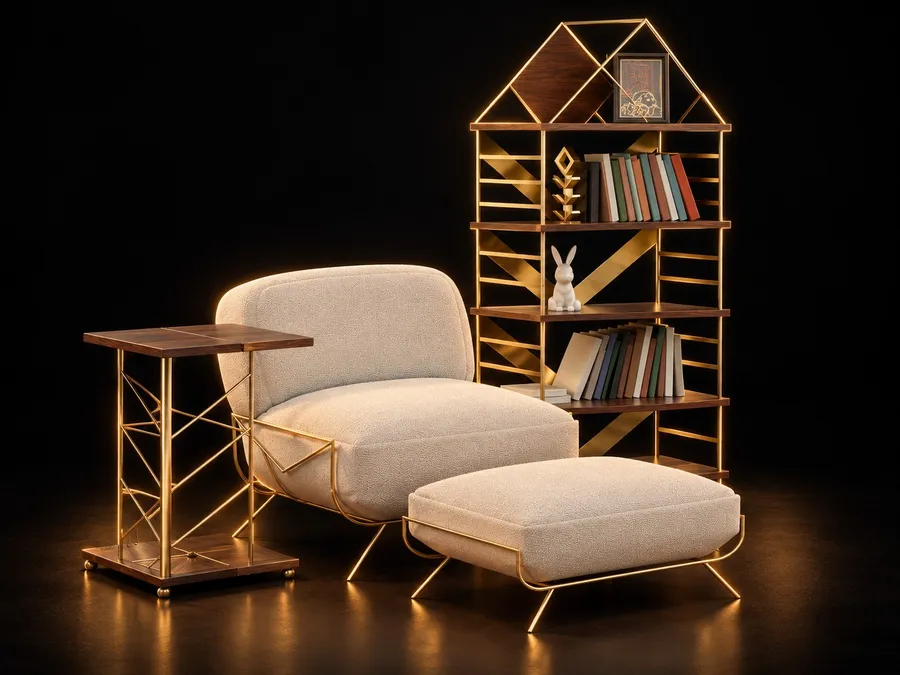 Brass and walnut bookcase, lounge chair with ottoman and foldable side table in a living room render