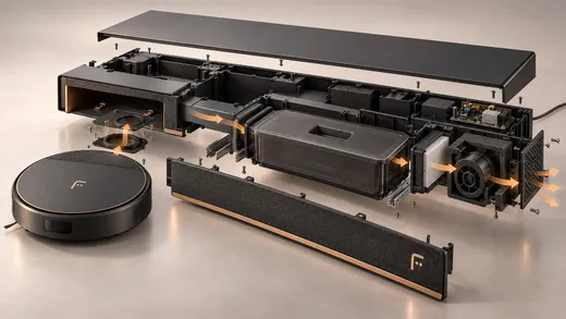 Exploded view of the station with the air path from the robot to the exhaust