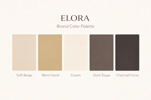 The brand colour palette: soft beige, warm sand, cream, dark taupe and charcoal cocoa