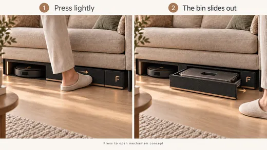 Press to open: a light foot press releases the bin drawer, which slides out on its own