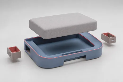 Exploded view: cushion, shell and drawers