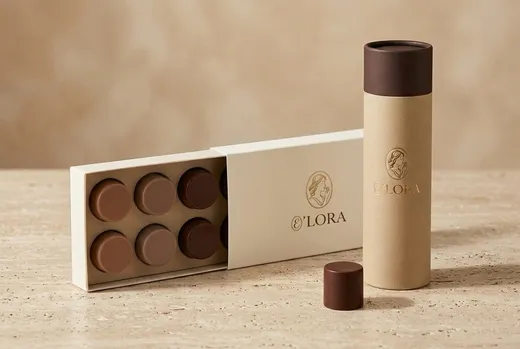 The E'LORA sliding box half open next to the sand colored tube, with one chocolate piece in front