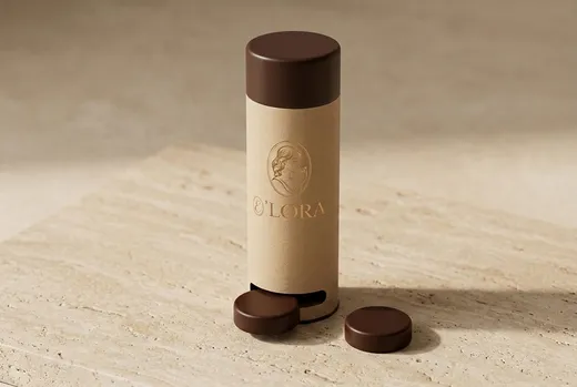 The tube standing upright with one chocolate pushed out of its slot