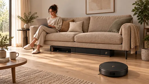 A person working on the sofa while the station sits under it and the robot cleans