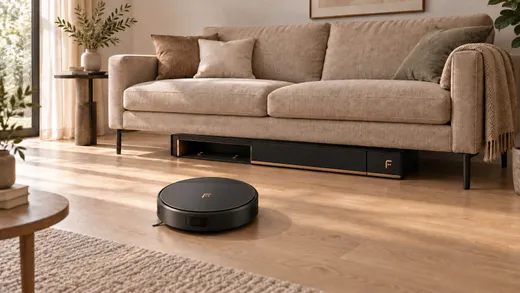 The robot cleaning in front of the sofa, the station tucked underneath
