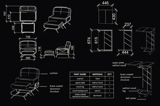 Technical drawings of the lounge chair and side table with part list
